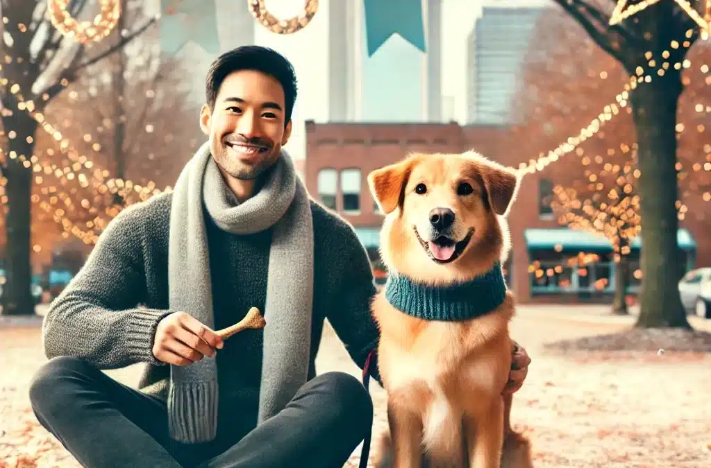 ai generated image of a man sitting next to his dog in downtown Charlotte nc